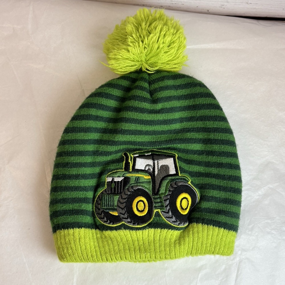 John Deere Beanie Hat Toddler Tractor Patch Green Stripe Pom-Pom Fleece Lined